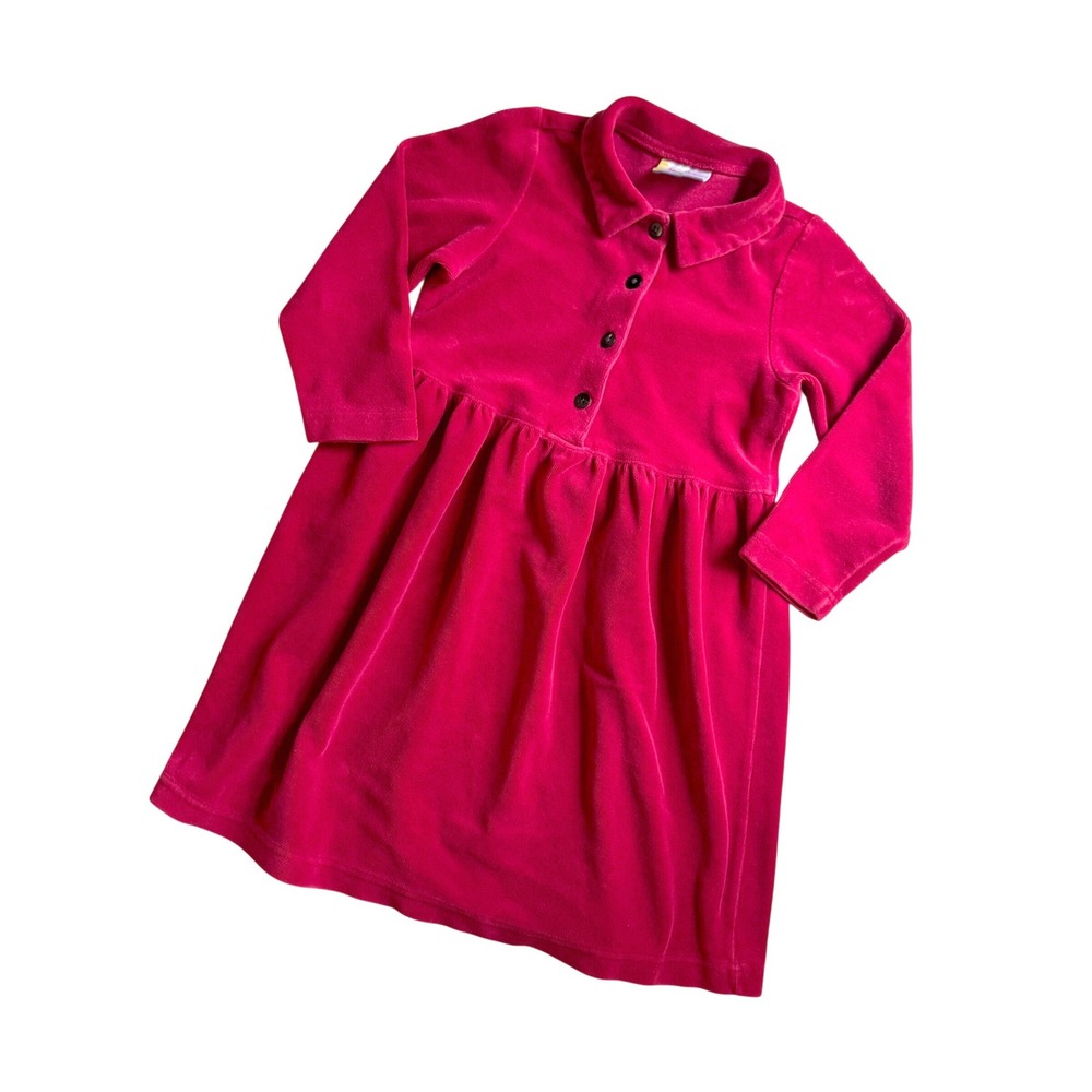 Hanna Andersson Velour‎ Dress Red Collared Button Front Long Sleeve Kids Size 4